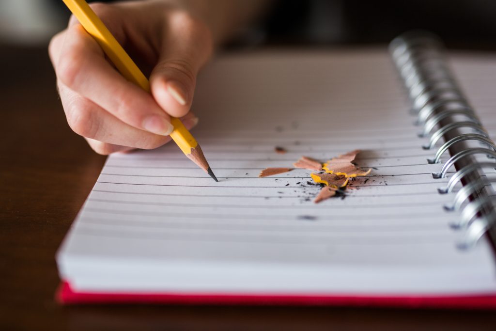 Close-up image of a hand writing in a travel journal.