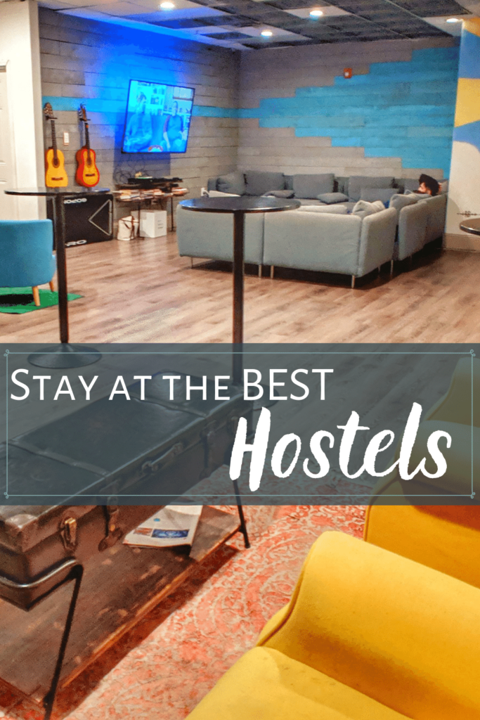 Background: Common space with couch, chairs, and table. Text: Stay at the Best Hostels