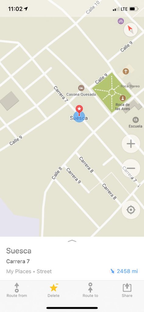Screen shot of the best app for maps, maps.me. The screen shot shows the streets of Suesca.