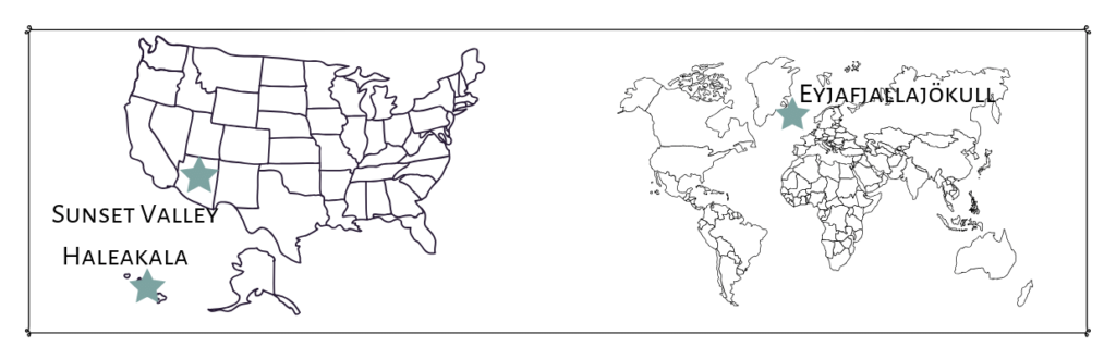 Map of United States and map of the world. Star in Arizona marks location of Sunset Valley Volcano, star in Hawaii marks the location of Haleakala, and star on Iceland marks location of Eyjafjallajökull.