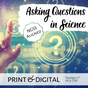 Background with multiple question marks. Caucasian hand holding up one finger. Text: Asking questions in science, NGSS Aligned
