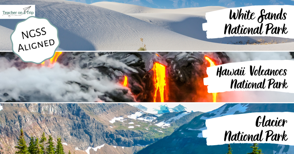 Three horizontal images that feature national parks. Top image is white sand dunes at White Sands National Park. Middle image is lava flowing out of black rock at Hawaii Volcanoes National Park. Bottom image is mountains with snow in some places at Glacier National Park.
Sticker in top left corner says NGSS Aligned.
