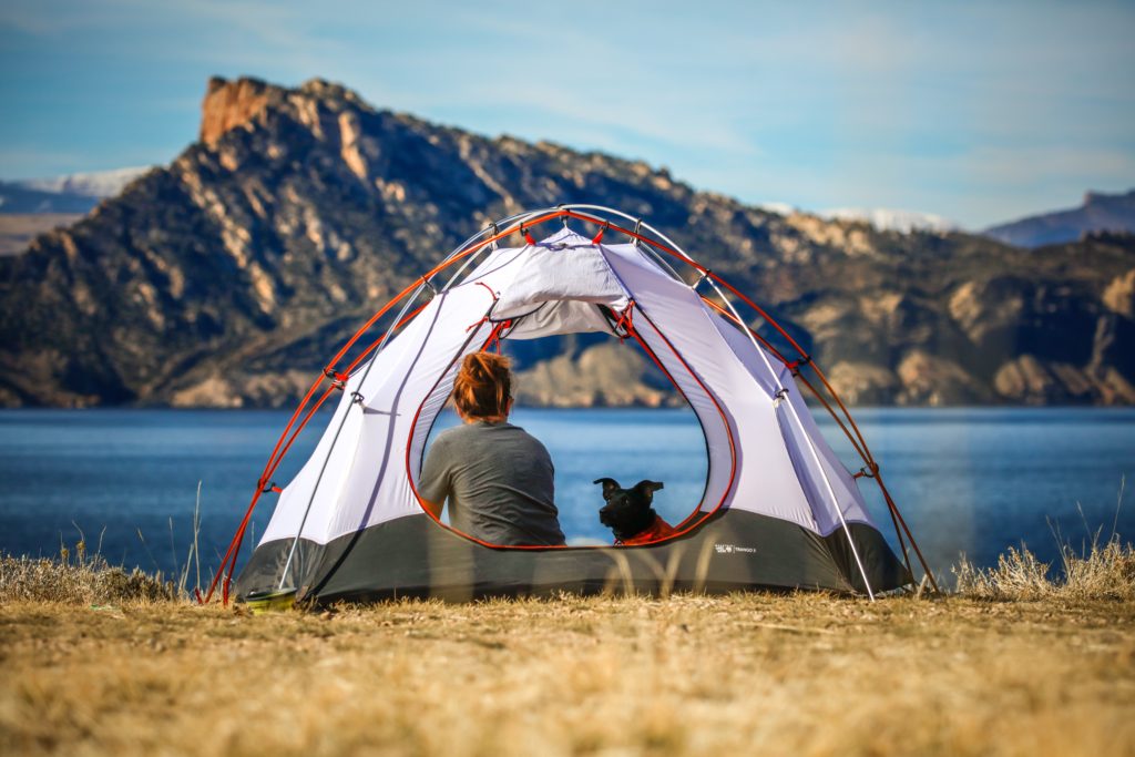 Tent a woman and dog inside in front of a lake and mountain.