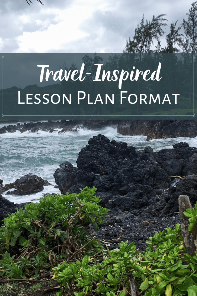 Background: Black rock ocean coast with minimal green plants on coast. Text: Travel-Inspired Lesson Plan Format