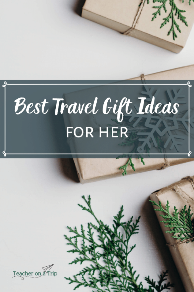 Background: Wrapped gifts with snowflake. Text: Best Travel Gift Ideas for Her