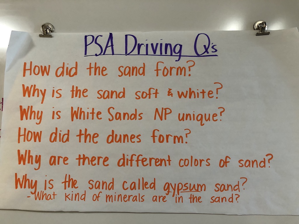 Student-created driving questions for the White Sands NP storyline.
