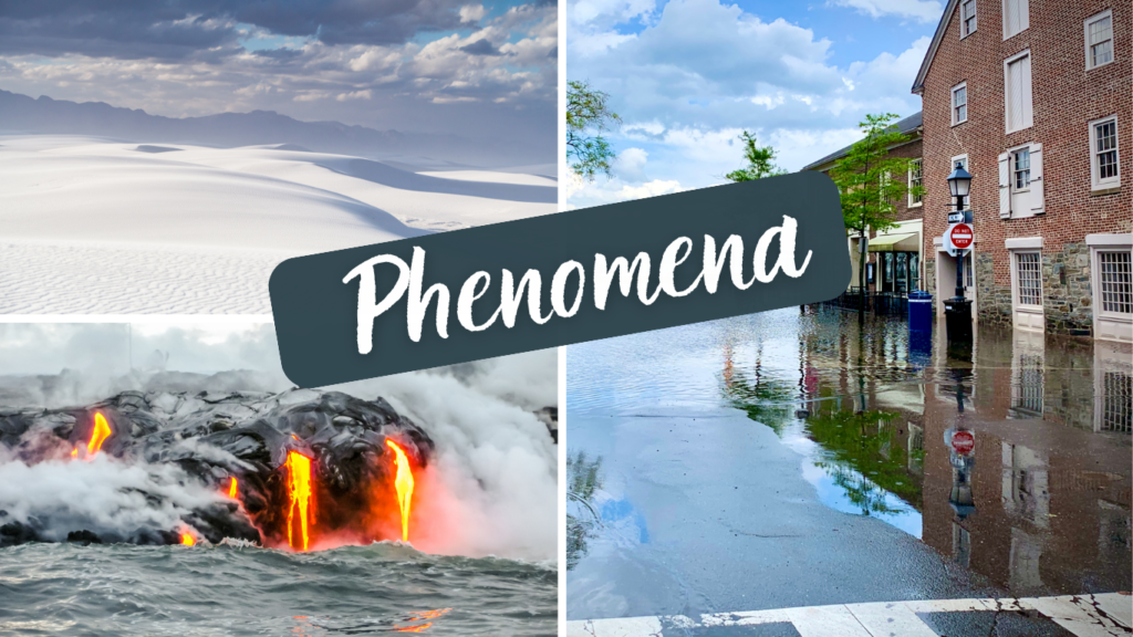 Three images show phenomena. Upper left image are white sand dunes. Bottom left image shows orange lava flowing out of black rock into the ocean. Right image shows a flooded town street. Brick buildings line the street. Phenomena in white letters on a blue background is across the middle of the image.