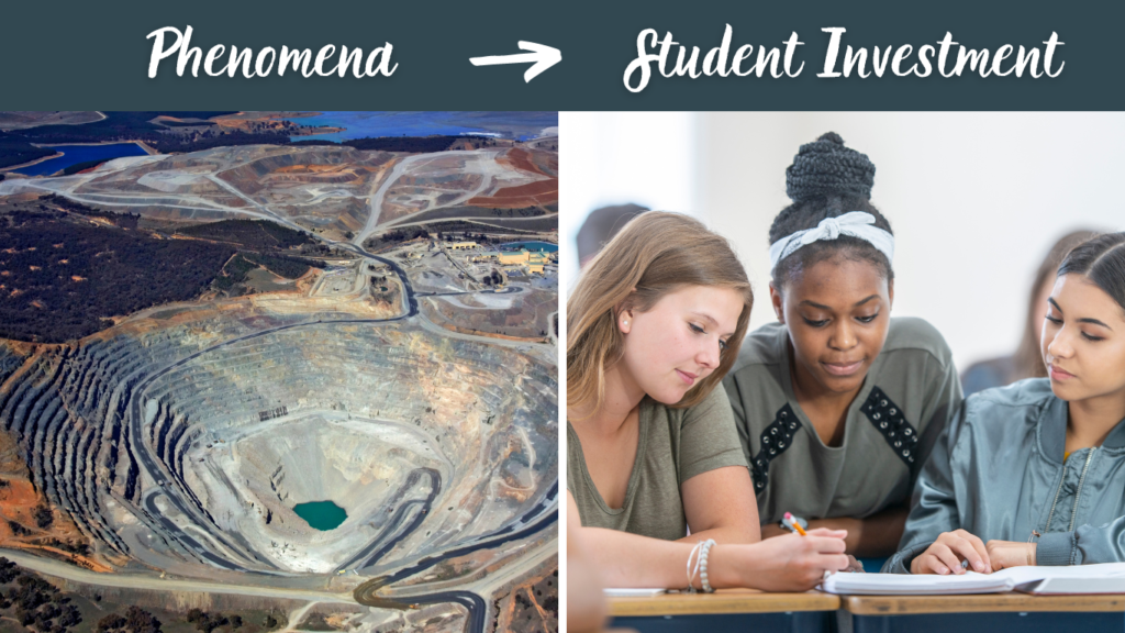 Left image shows open mine pit. Image on right of three female students in classroom setting looking at a paper together. Words across the top Phenomena (arrow) Student Investment
