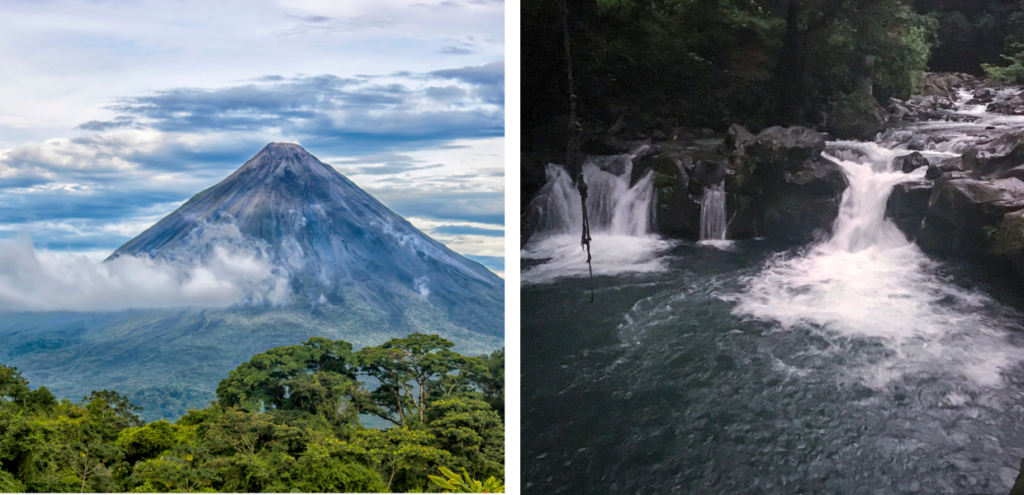 Two images (Left) Arenal Volcano sits high in the clouds with green trees around the based. (Right) Short waterfalls into a pool of water.