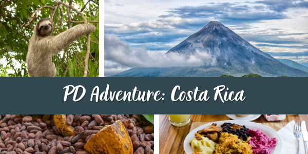 Four images in background: sloth, Arenal Volcano, cocoa beans, Costa Rican food. Text: PD Adventure: Costa Rica