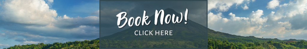 Background image: Volcano surrounded by clouds and trees. Text: Book now! Click here