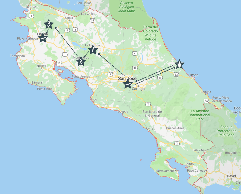 Map of Costa Rica with six stars indicating the locations of teacher PD adventure travel. Airport arrival - San Jose, Turtle stop on east coast of Costa Rica, Stop #1 - La Fortuna, Stop #2 - Monteverde, Stop #3 Rincón de la Vieja National Park, Departure airport - Liberia