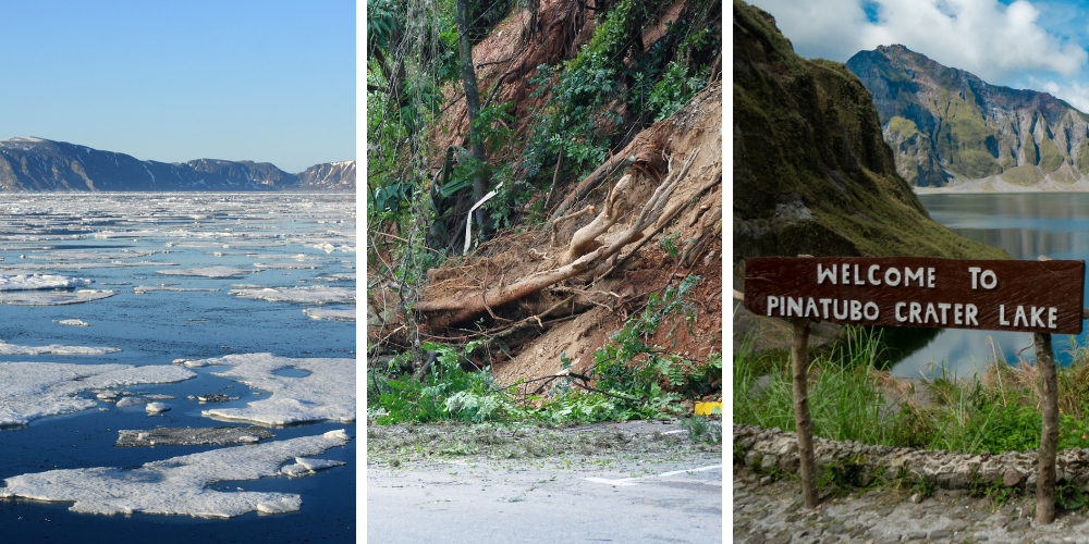 Three images representing the AI generated phenomena. (Left) melting sea ice floating in water. (Center) Land slide with trees and mud from the mountain side on the road. (Right) Welcome to Pinatubo Crater Lake sign in front of volcanic crater lake.