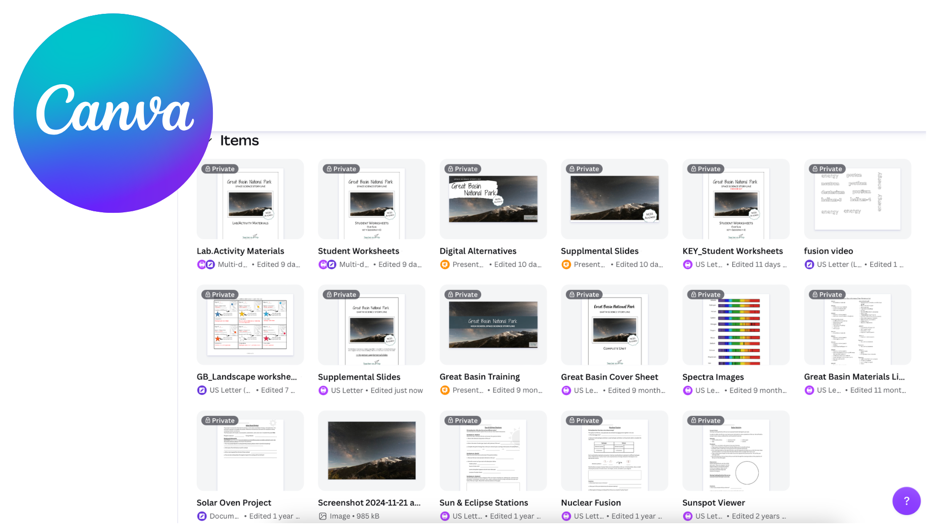 Screenshot of Great Basin files in Canva