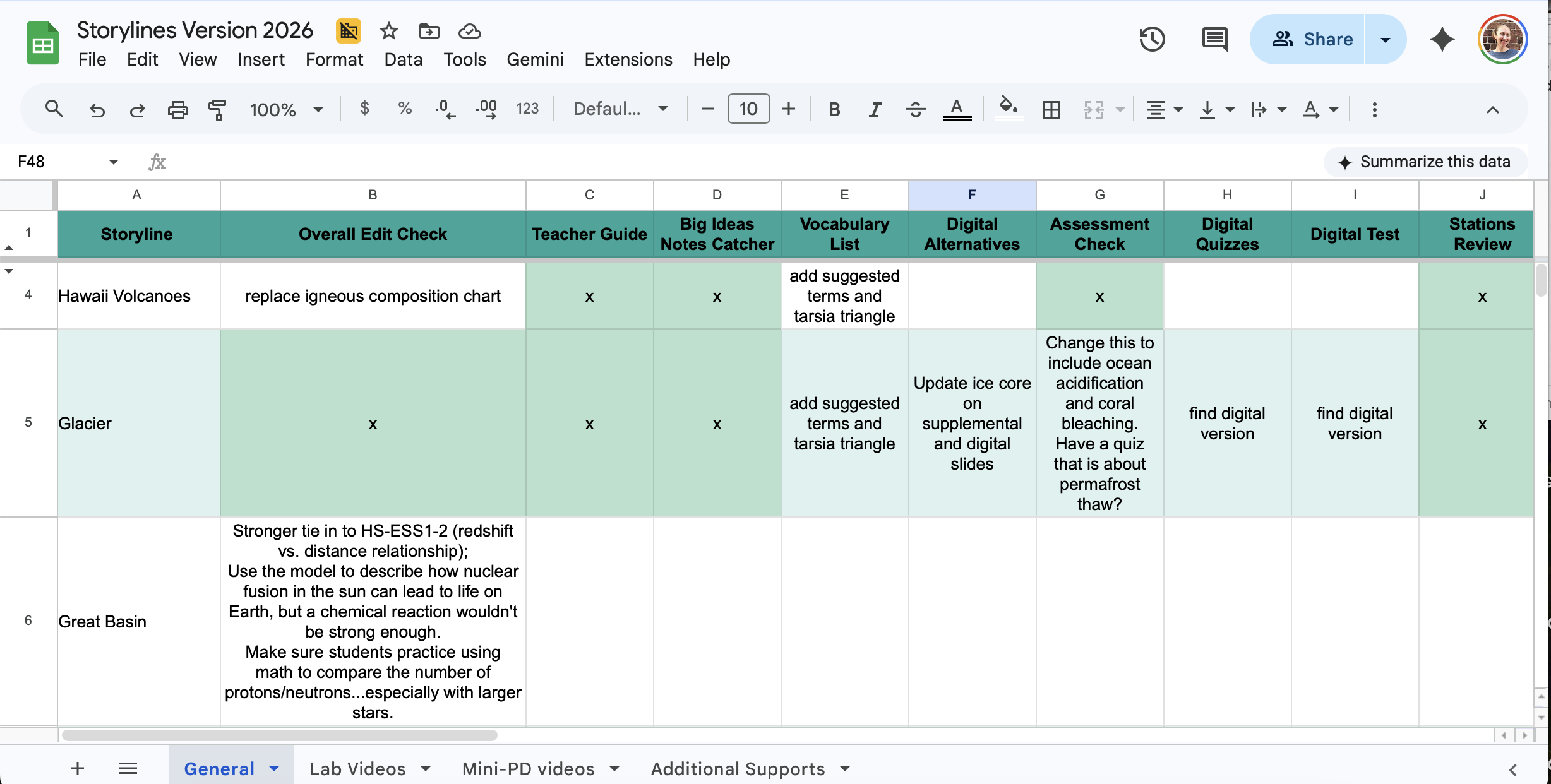 Google Spreadsheet for storyline upgrades