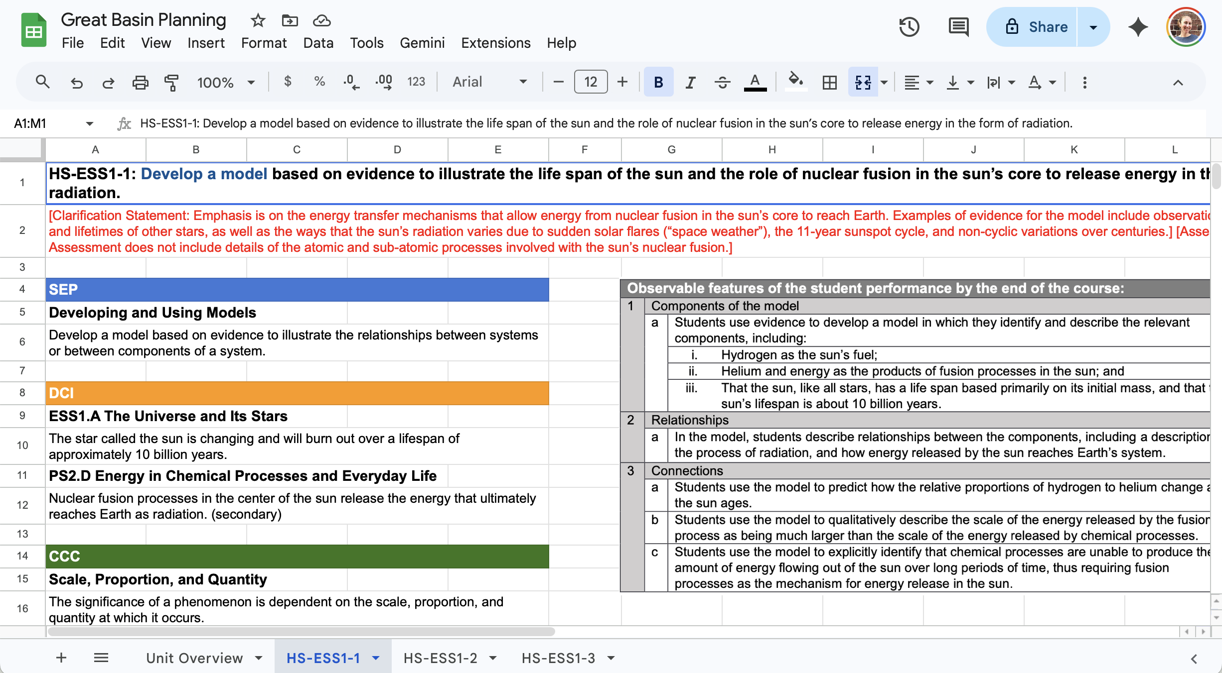 Great Basin planning Google Sheet that shows HS-ESS1-1 evidence statement