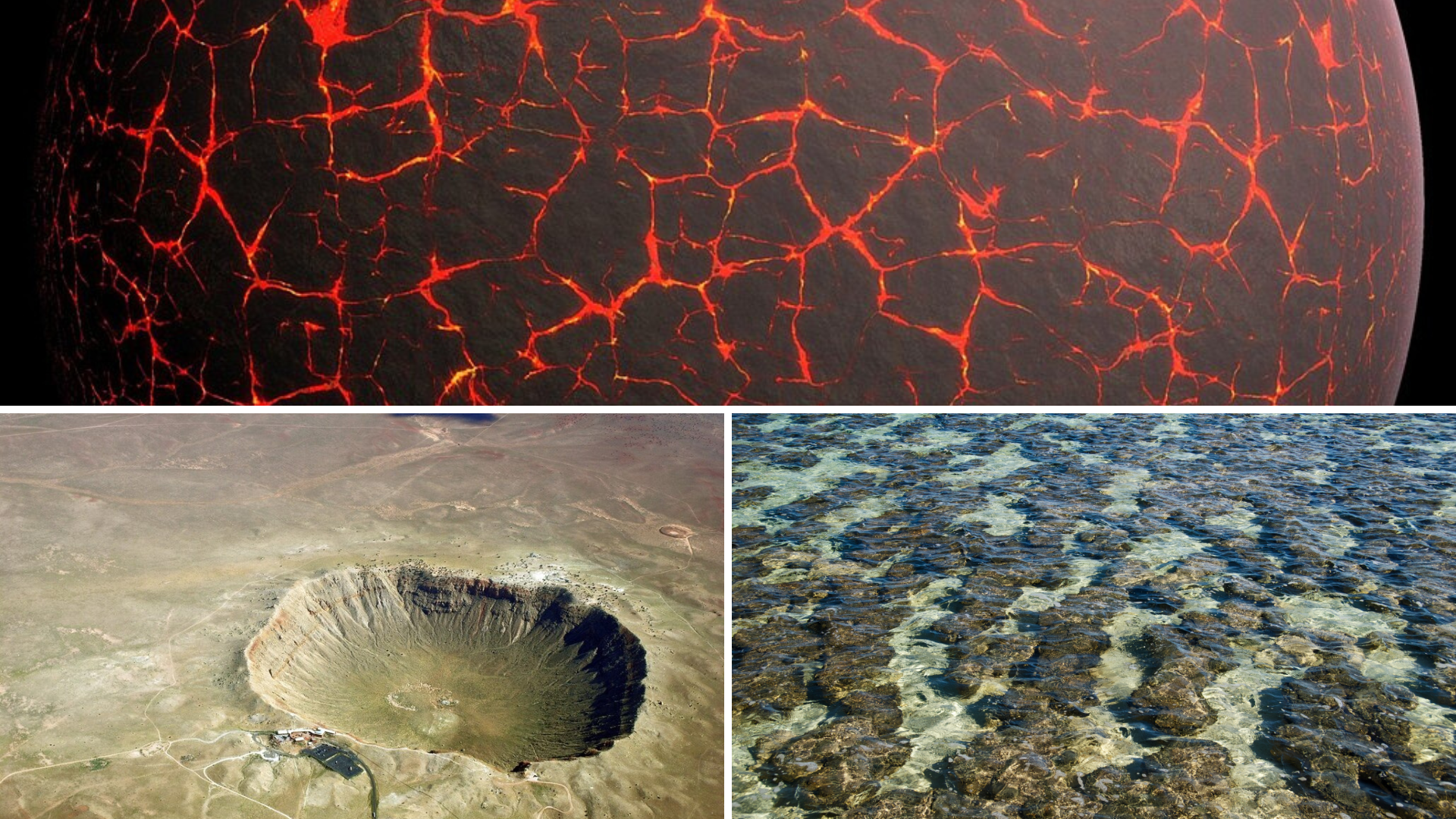 Background of early Earth, crater, and stromatolites in water.